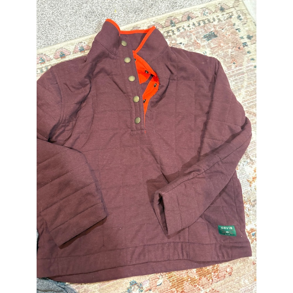 Orvis Women XS Quilted Snap Pullover Burgundy Orange Mock Neck Sweatshirt - Picture 2 of 4